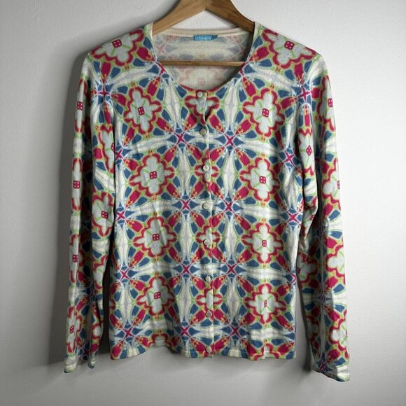 J McLaughlin Cardigan Sweater Womens Medium Floral Button Up Retro Print Knit - Picture 1 of 12